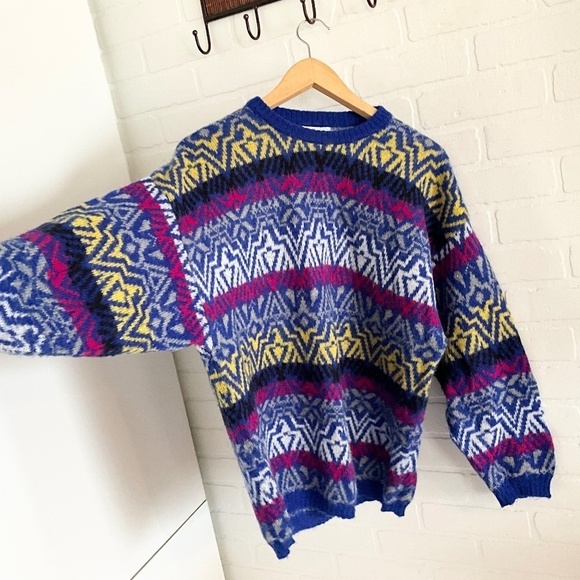 Vintage Knit Sweater Benetton Fair Isle Southwestern Cobalt blue Mohair - Picture 5 of 11